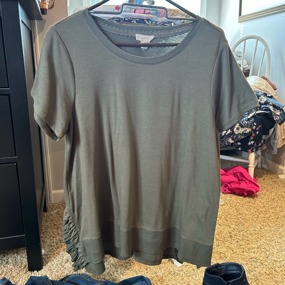 Cupio Olive Short Sleeve Top with Ruffle Detail